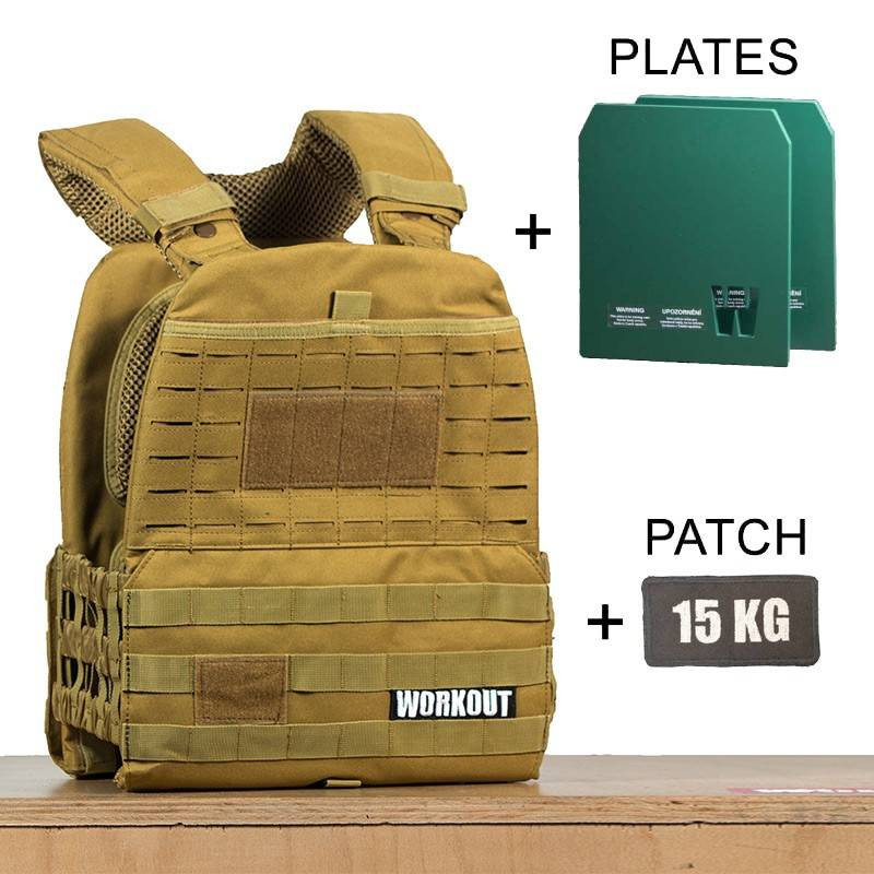 Zátěžová taktická plátová vesta 15 kg WORKOUT 3.0 - khaki + nášivka