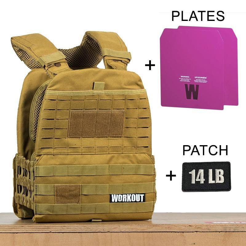 Zátěžová taktická plátová vesta 14 lb WORKOUT 3.0 - Khaki + nášivka (pro WOD Murph)